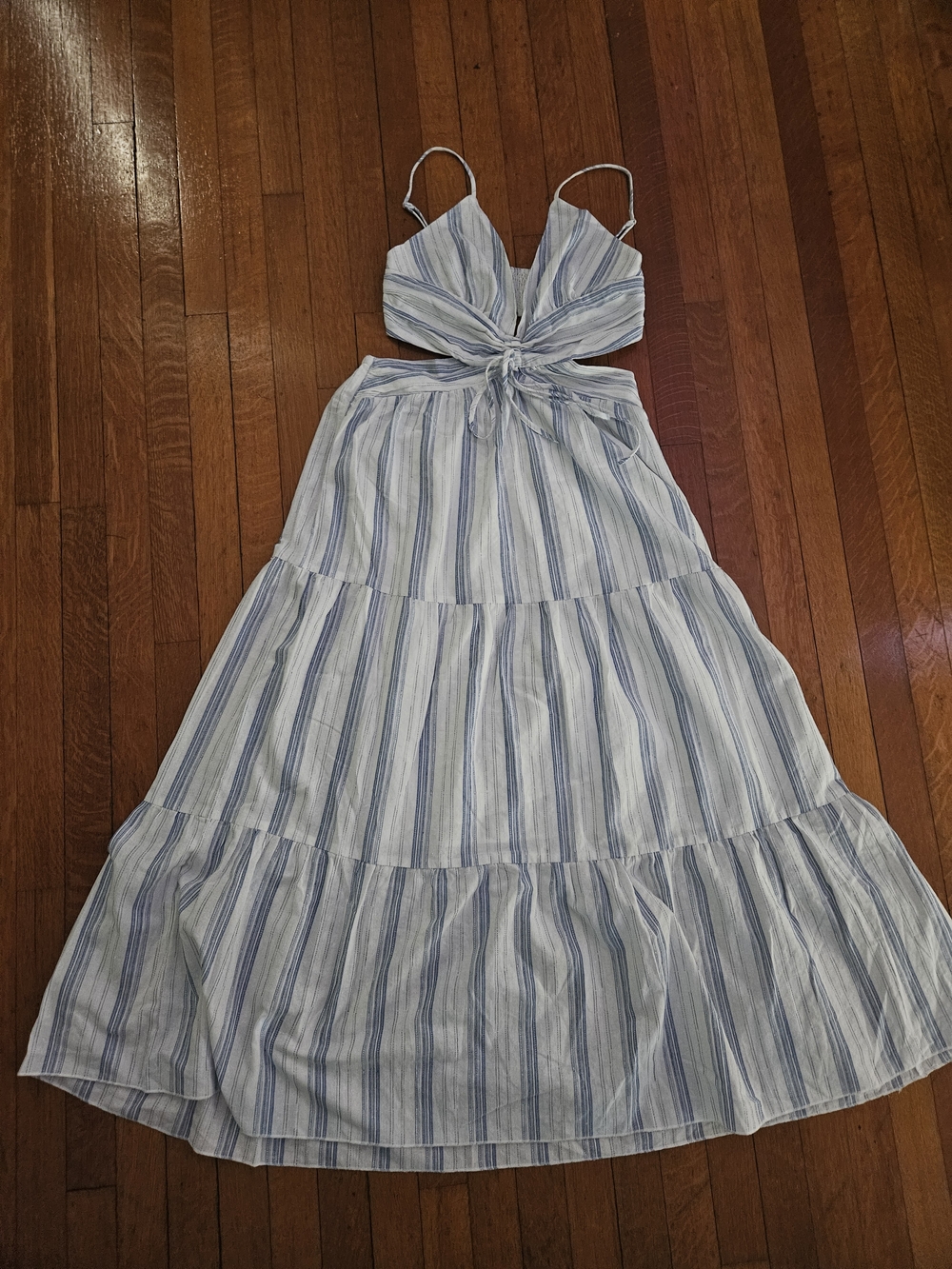 Lulu's Blue and White Striped Tie-Front Maxi Dress Sz L